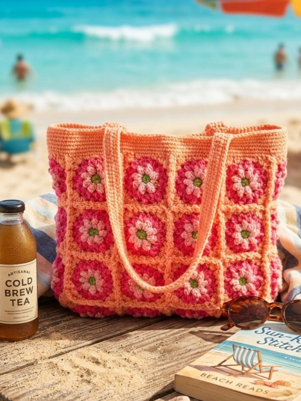 Boho Crochet Floral Granny Square Shoulder Bag Large Pink Peach Beach Tote Lined
